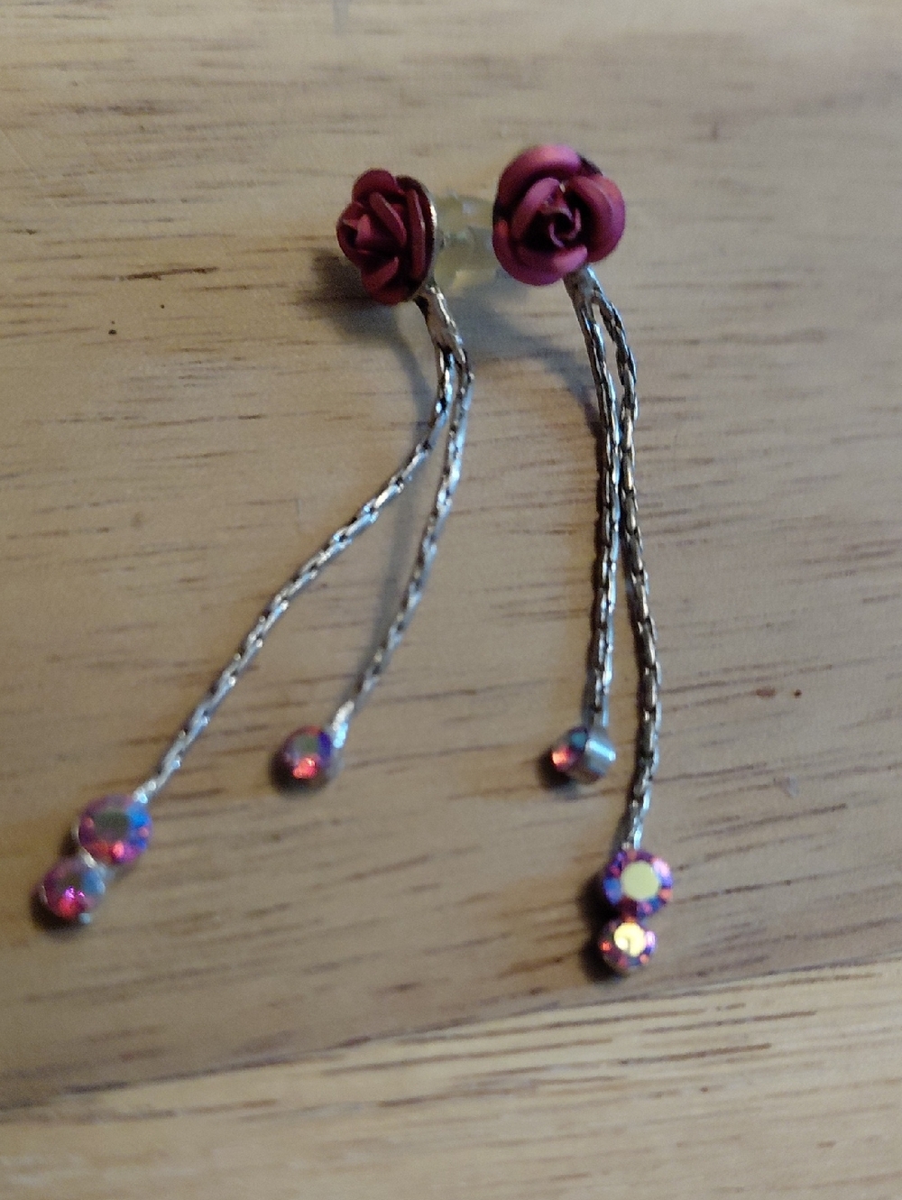 Pink Rose Drop Earrings with Crystal Tassels